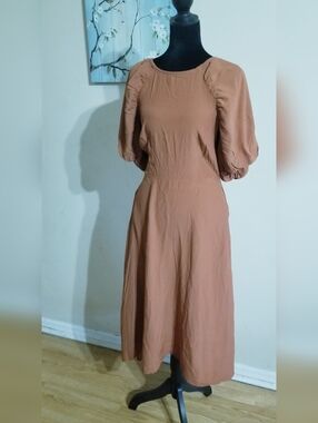 a new day Rust Terracotta Puff-Sleeve Midi Dress